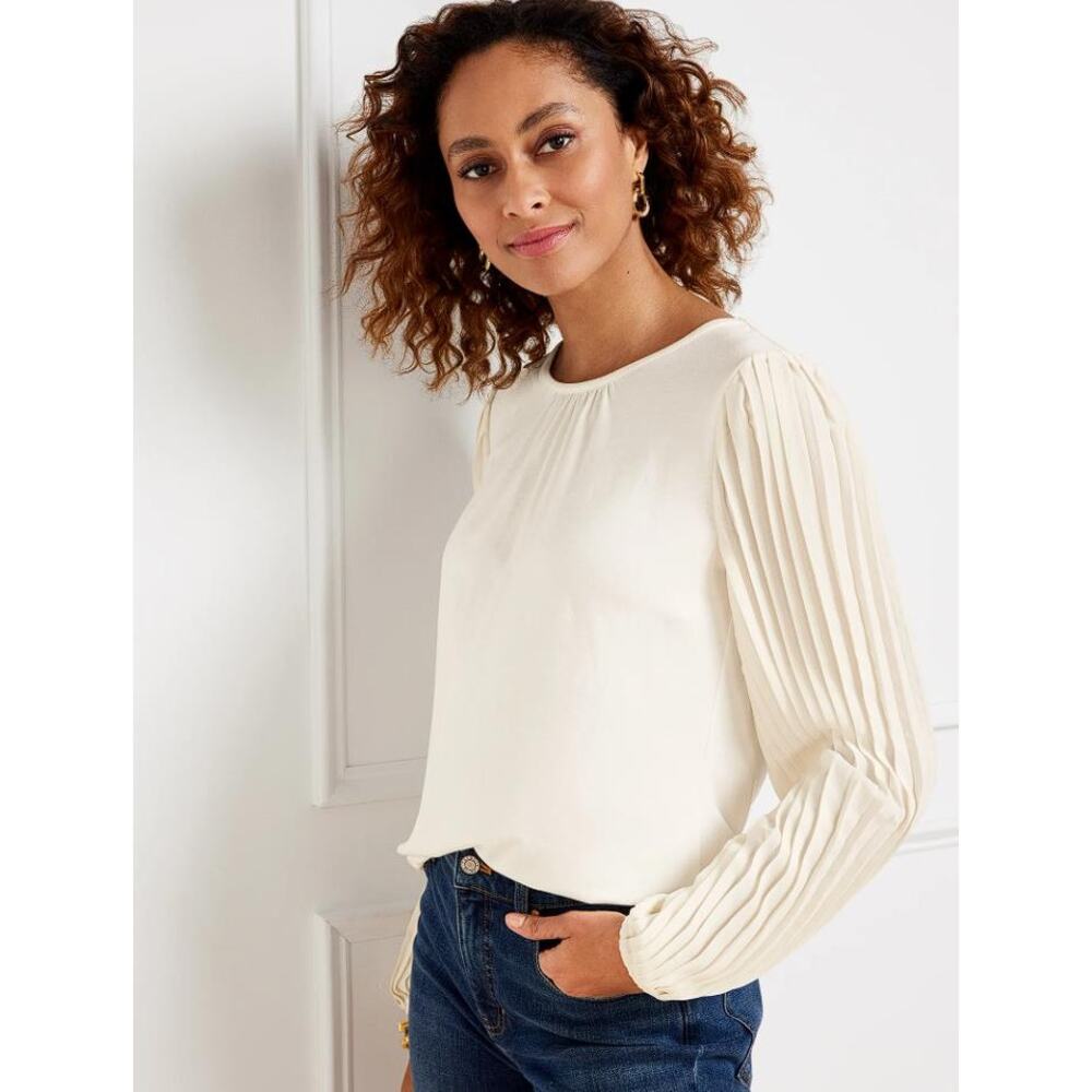 TALBOTS Women's Pleated Sleeve Crewneck Top Size S In White - Picture 2 of 13